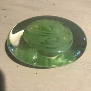 Art Glass Hand Blown Paperweight Green Oval Shaped Swirled Center